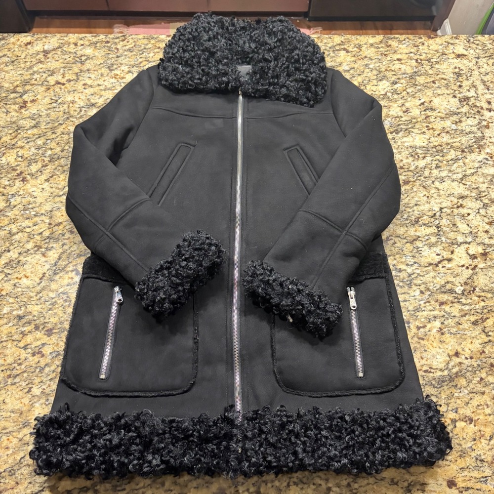 Sam Edelman Womens Black Faux Shearling Suede Zip Up Coat Jacket Small ws